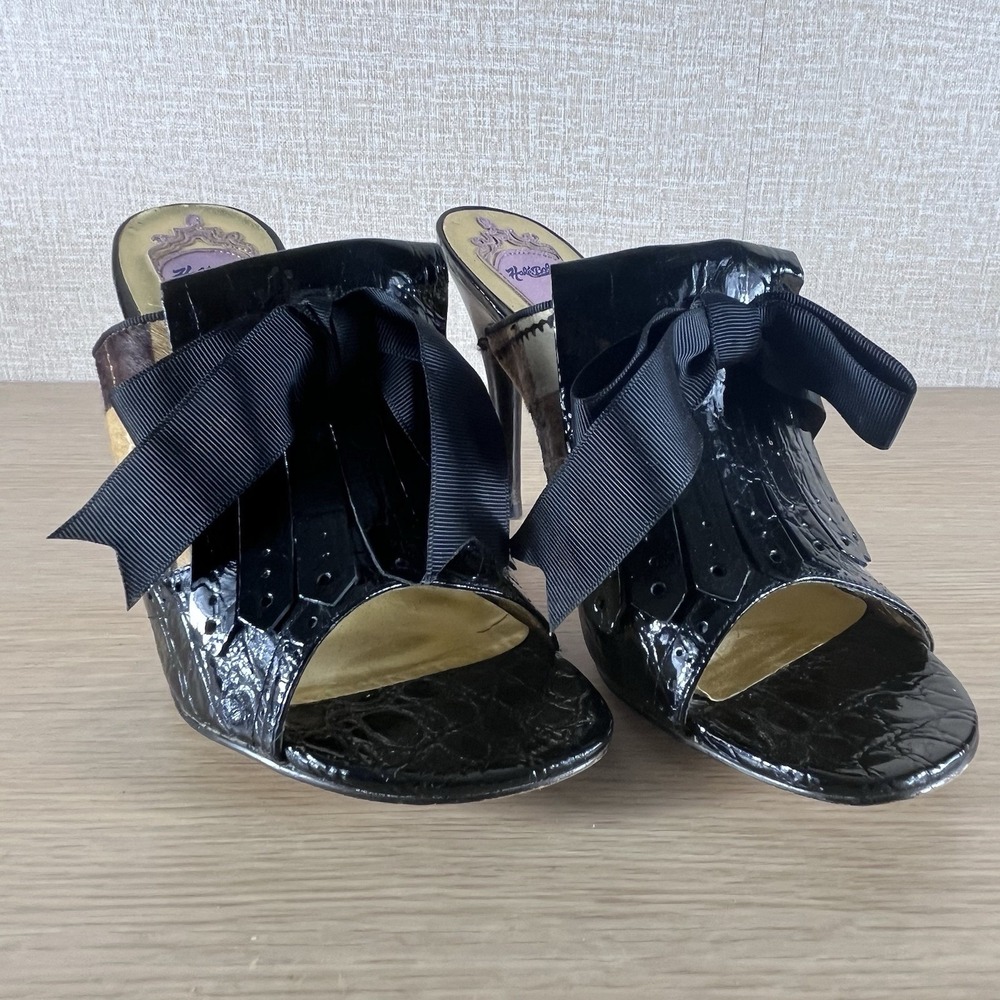 Hale Bob Pony Hair Plaid Patent Leather Mule Heels Bow Peep Toe 10 CityCore - Picture 13 of 14